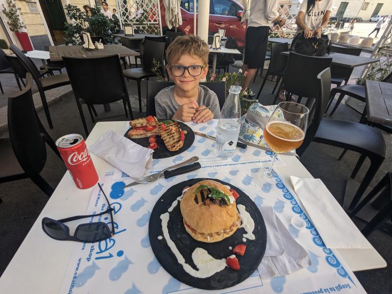 Ben and Dad out to dinner.  Dad had an octopus sandwich