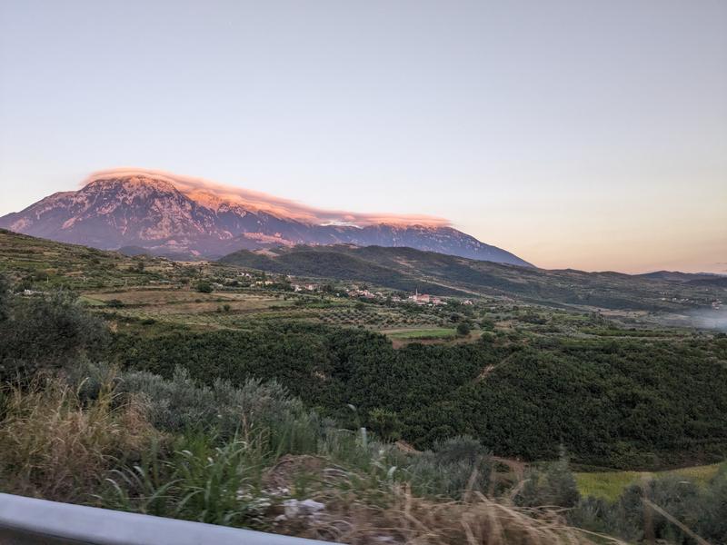 The town of Roshnik i Vogel with Tomorri mountain behind it