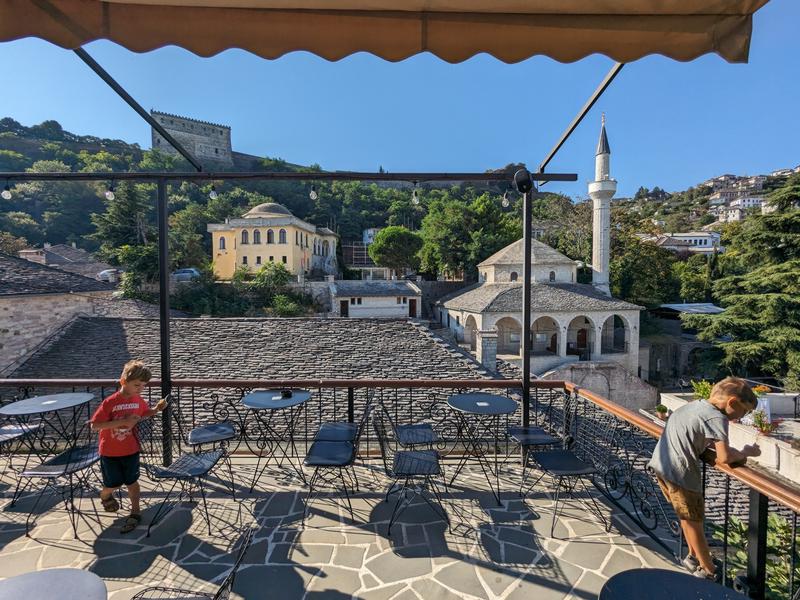 Looking out over the hotel deck toward the city.