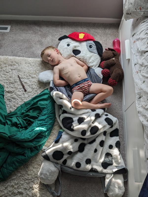 Max slept in with his borrowed doggy sleeping bag