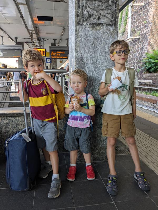 Sweaty at the Genoa train station waiting for the train.