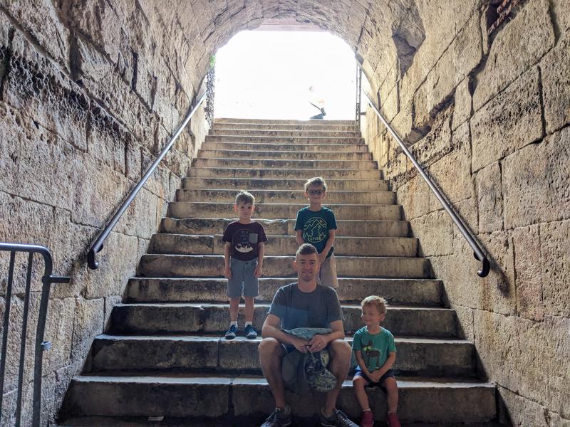 down the steps toward the south gate