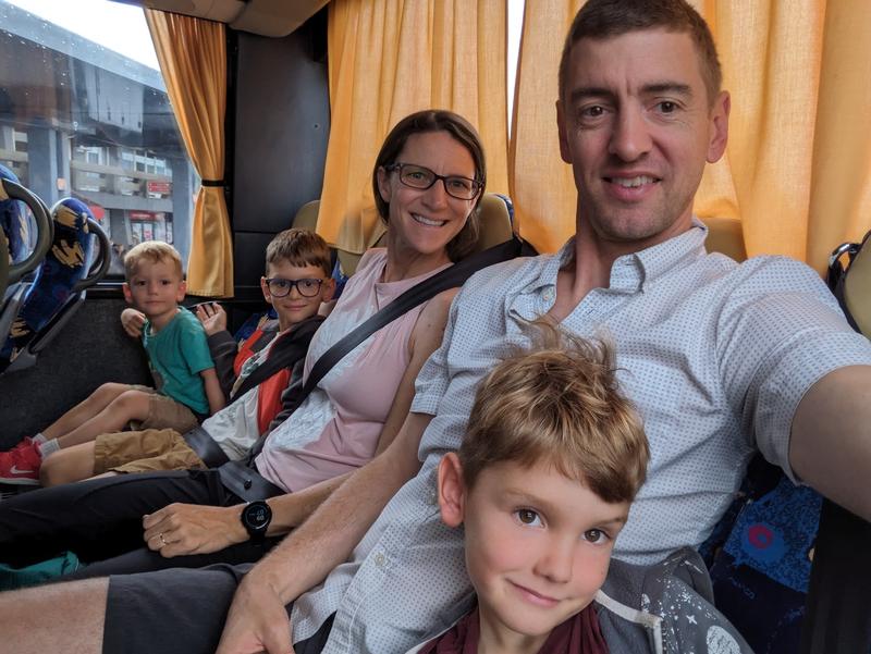 On the bus, ready to go.