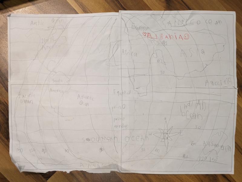 World map with latitude, longitude, and "Albania"