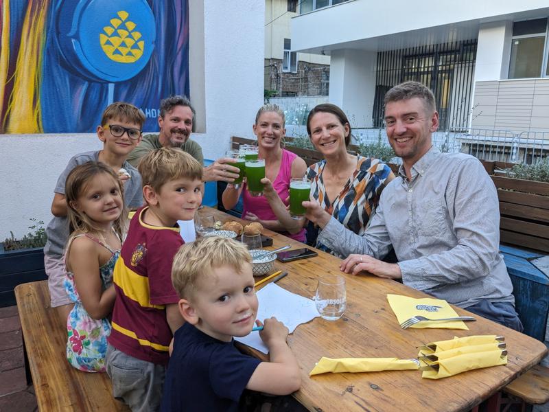 Sipping our green beer at the end of a good day.